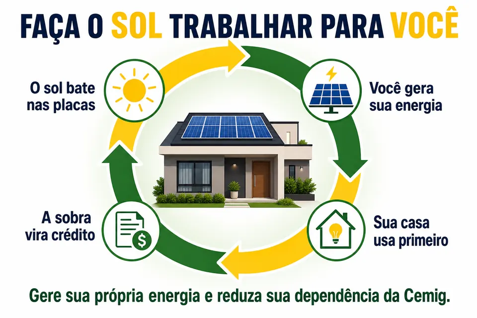 O sol gera energia nas placas, a casa usa essa energia e o excedente vira crédito