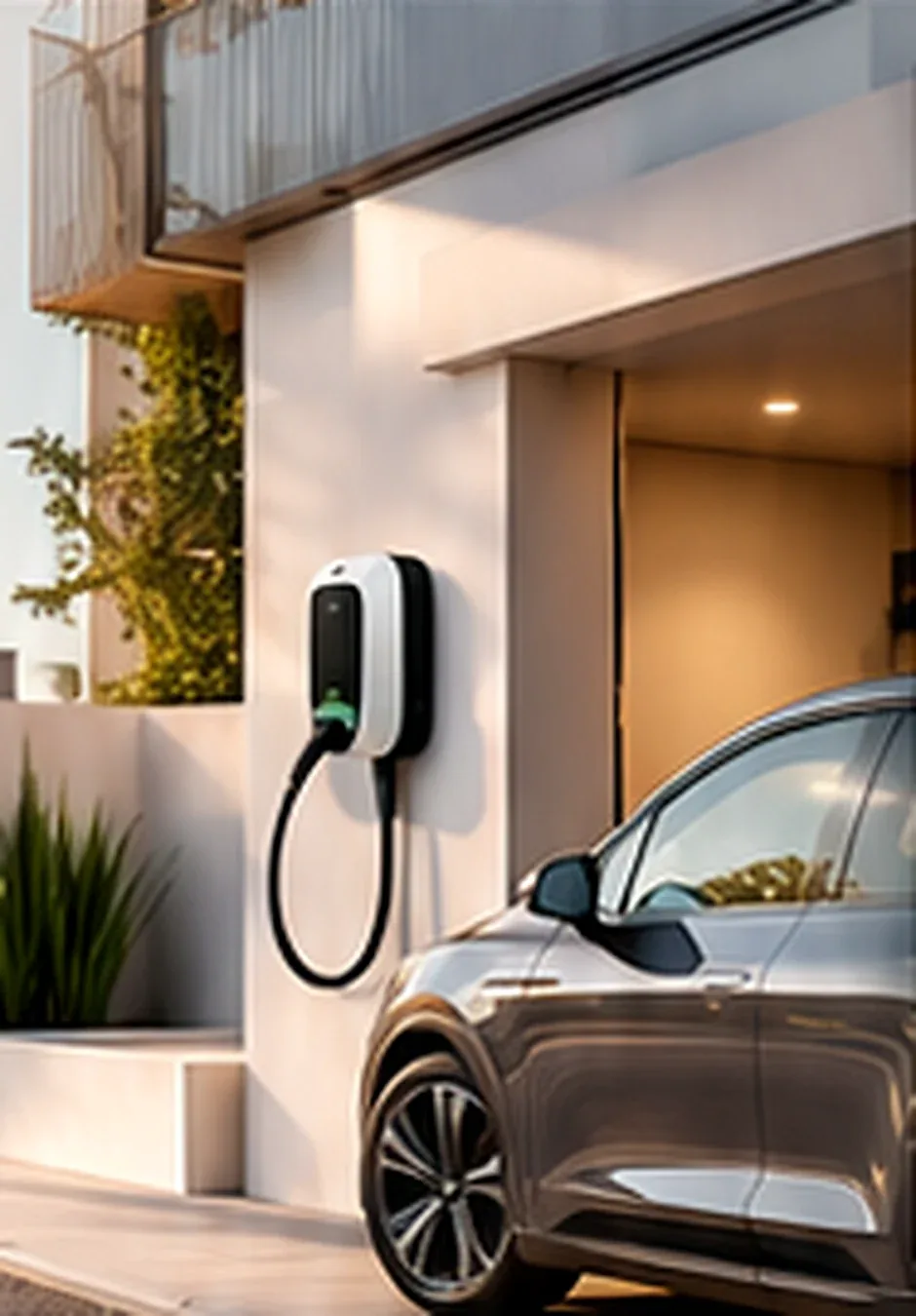 Carro elétrico conectado a um Wallbox em uma residência