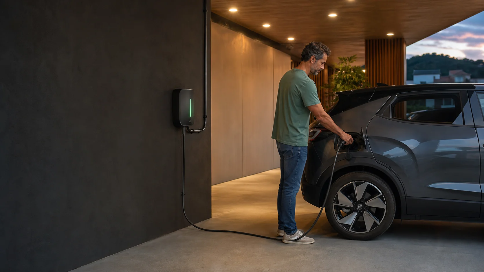 Cena ilustrativa de carro elétrico carregando em Wallbox residencial