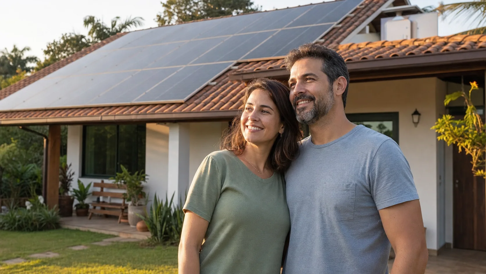 Casal diante da própria casa com sistema de energia solar no telhado