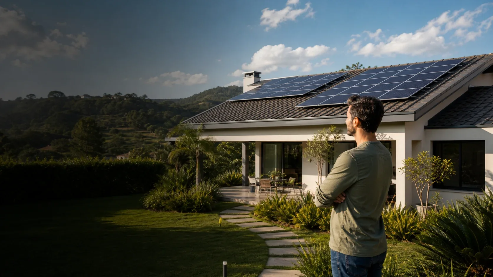 Cena ilustrativa de proprietário diante de casa com sistema solar fotovoltaico