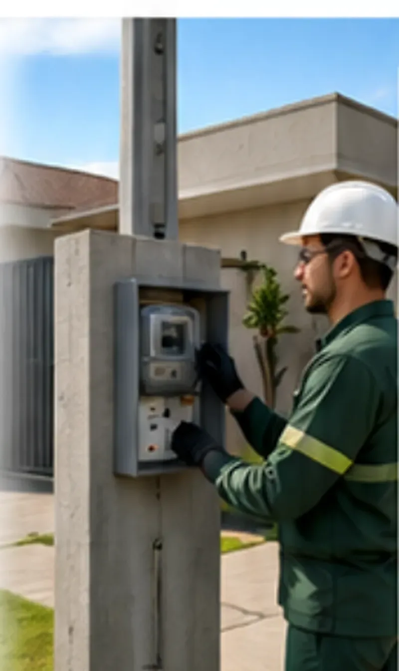 Técnico avaliando uma caixa de medição residencial