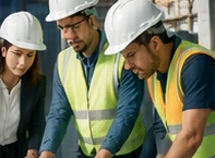 Equipe técnica analisando documentos de uma obra