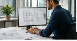 Engenheiro analisando projeto elétrico no computador