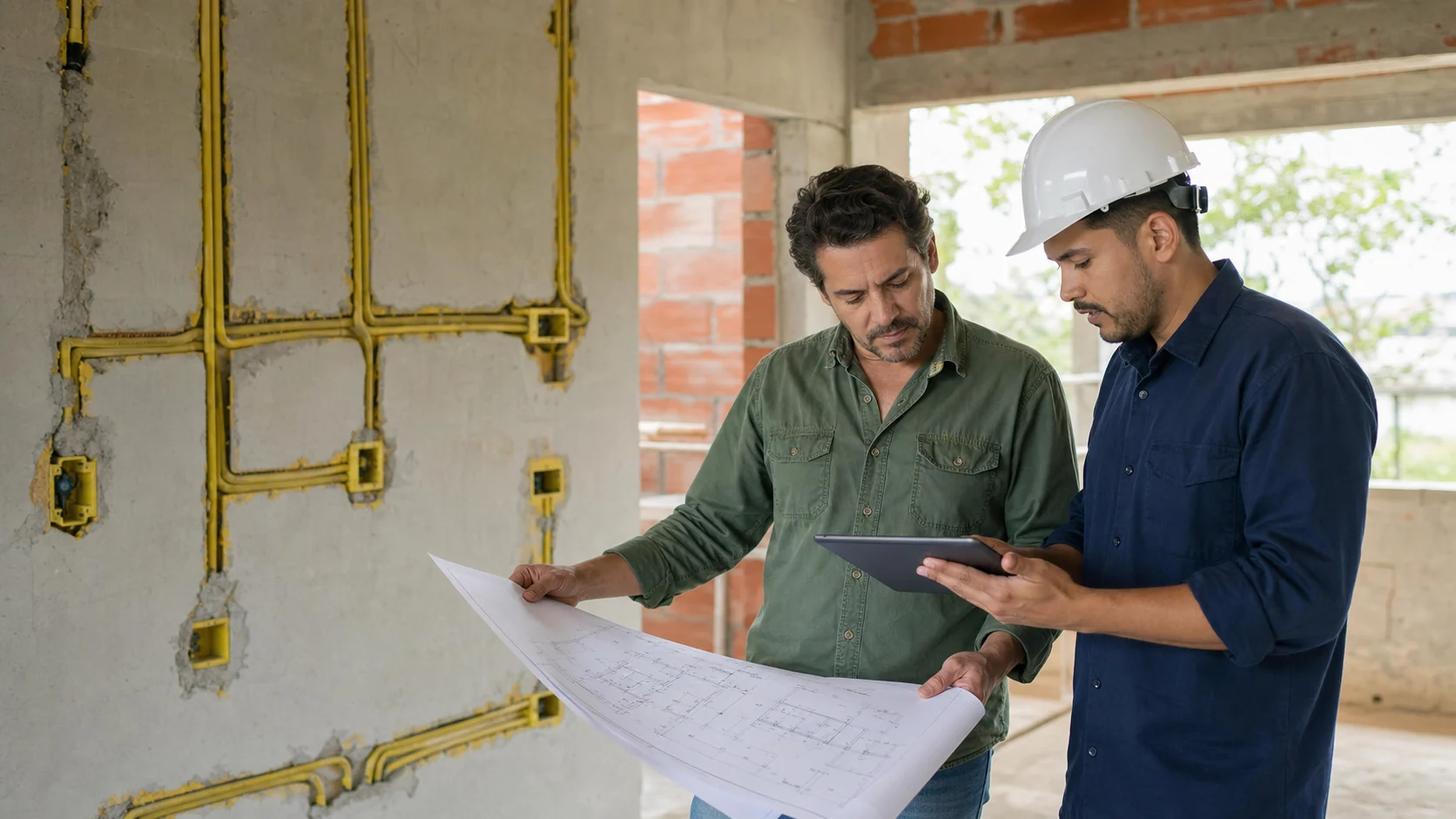Cena ilustrativa de engenheiro e cliente analisando projeto elétrico em obra