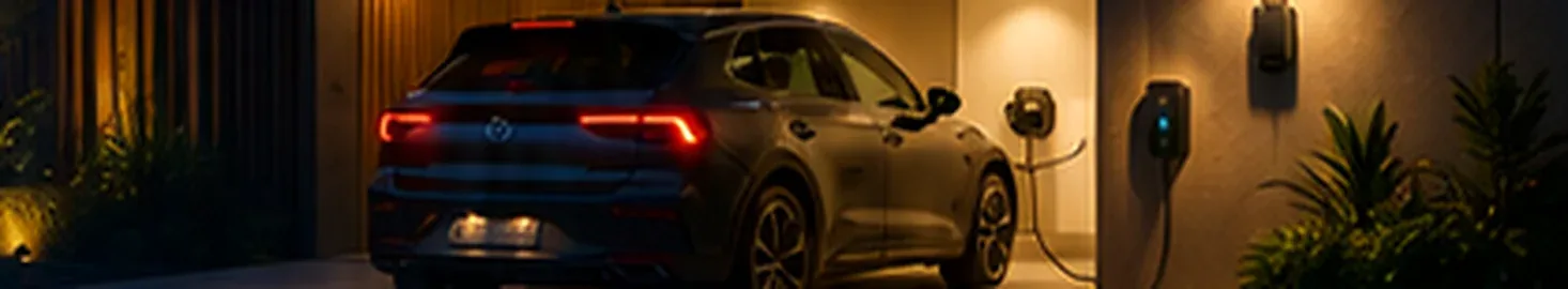 Veículo elétrico recarregando à noite em uma garagem residencial