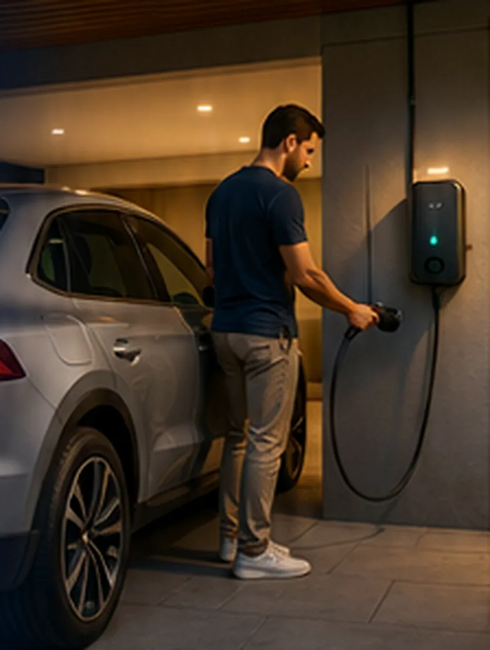 Motorista conectando um carro elétrico ao carregador na garagem