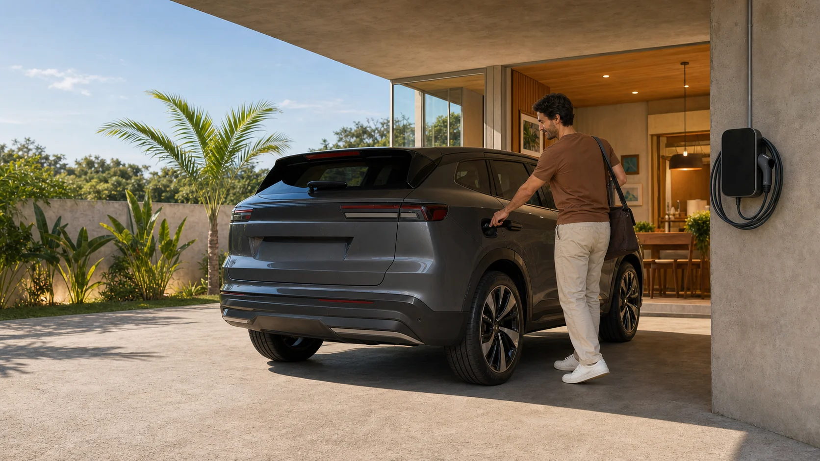 Cena ilustrativa de motorista saindo pela manhã com carro elétrico carregado