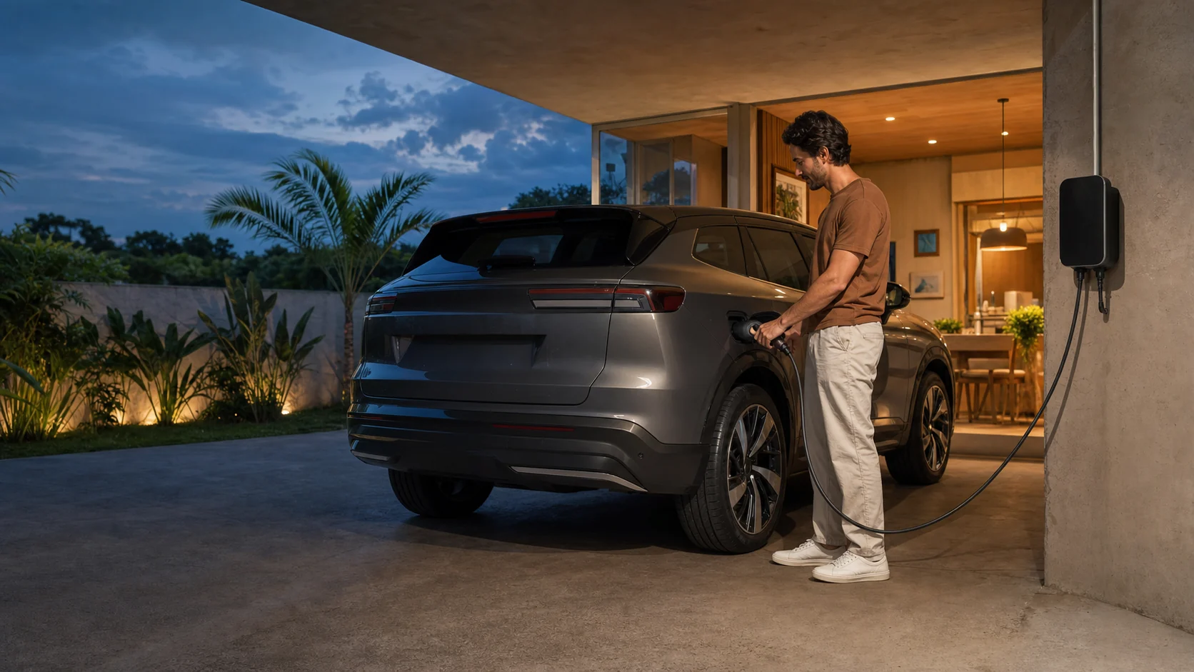 Cena ilustrativa de proprietário conectando carro elétrico ao Wallbox em casa