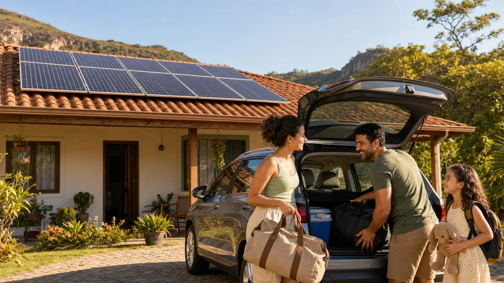 Família se preparando para viajar ao lado de sua casa com painéis solares