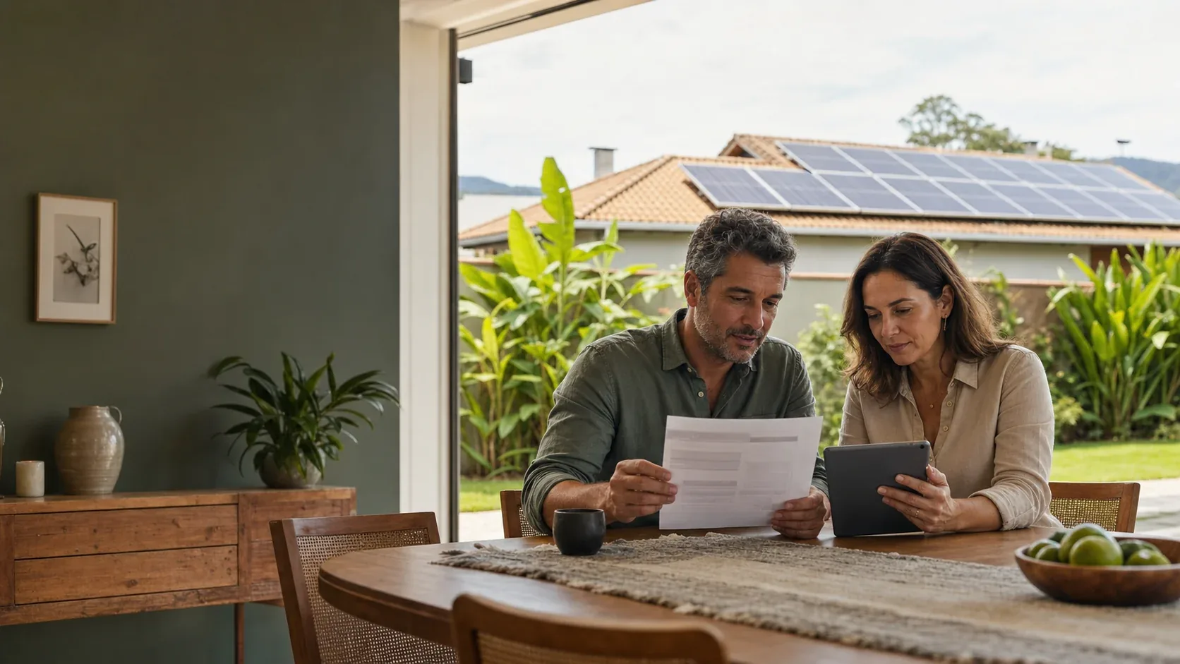 Cena ilustrativa de casal analisando a conta de energia em casa com painéis solares