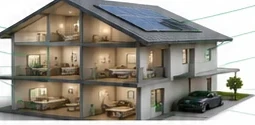 Corte de uma casa com ambientes e equipamentos planejados